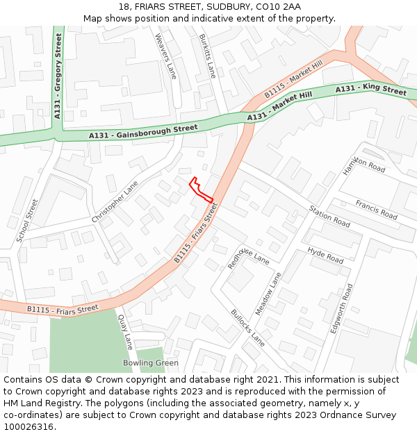 18, FRIARS STREET, SUDBURY, CO10 2AA: Location map and indicative extent of plot