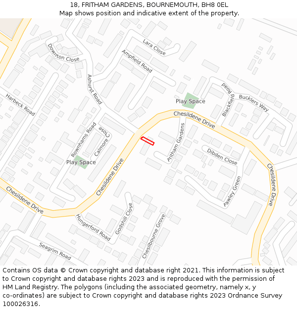 18, FRITHAM GARDENS, BOURNEMOUTH, BH8 0EL: Location map and indicative extent of plot