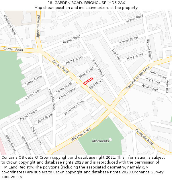 18, GARDEN ROAD, BRIGHOUSE, HD6 2AX: Location map and indicative extent of plot
