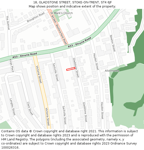18, GLADSTONE STREET, STOKE-ON-TRENT, ST4 6JF: Location map and indicative extent of plot
