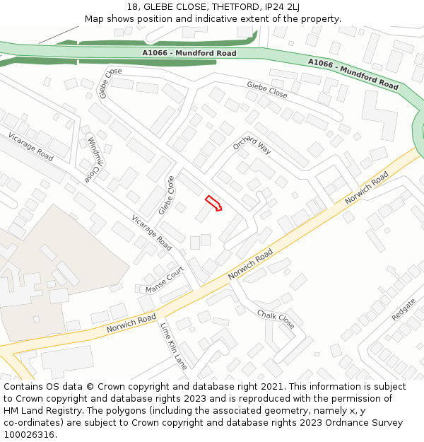 18, GLEBE CLOSE, THETFORD, IP24 2LJ: Location map and indicative extent of plot