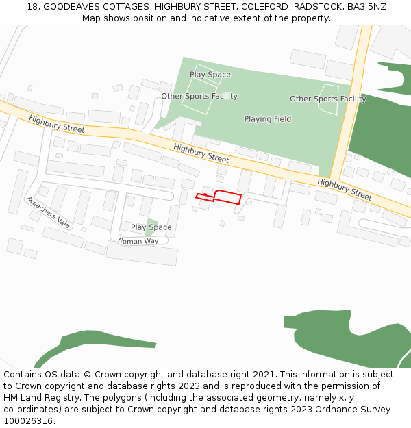 18, GOODEAVES COTTAGES, HIGHBURY STREET, COLEFORD, RADSTOCK, BA3 5NZ: Location map and indicative extent of plot