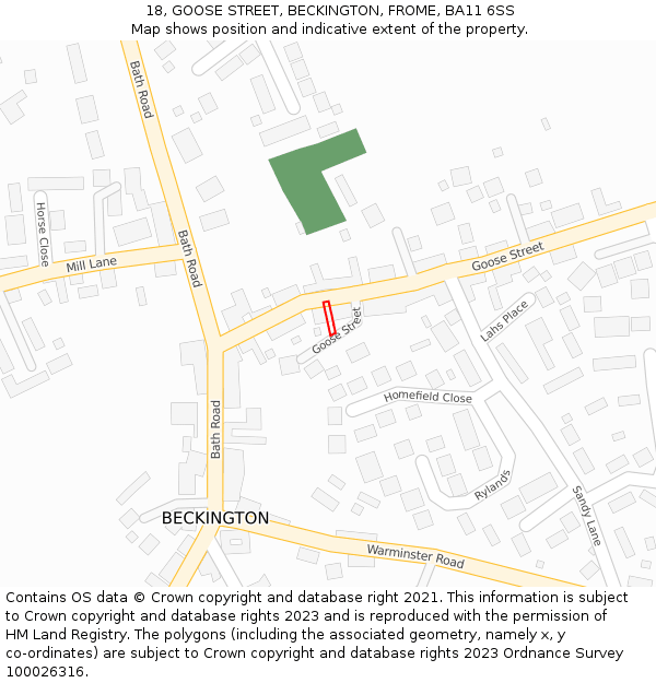 18, GOOSE STREET, BECKINGTON, FROME, BA11 6SS: Location map and indicative extent of plot