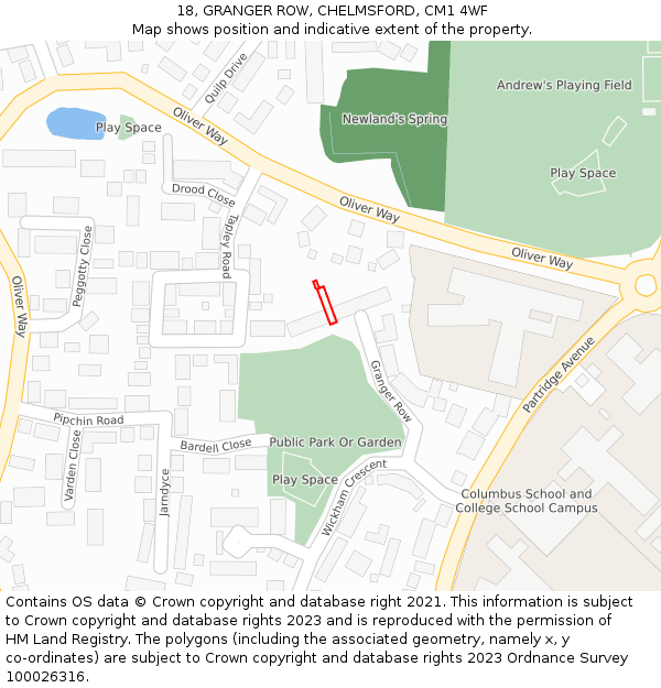 18, GRANGER ROW, CHELMSFORD, CM1 4WF: Location map and indicative extent of plot
