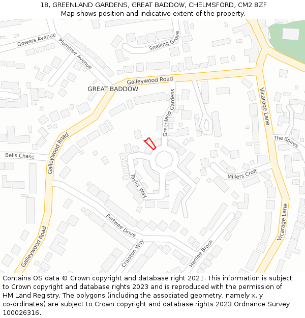 18, GREENLAND GARDENS, GREAT BADDOW, CHELMSFORD, CM2 8ZF: Location map and indicative extent of plot