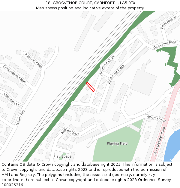 18, GROSVENOR COURT, CARNFORTH, LA5 9TX: Location map and indicative extent of plot