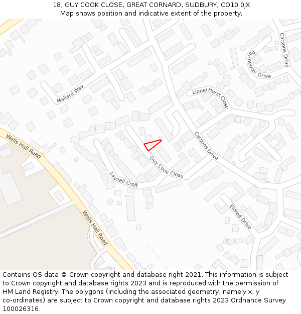 18, GUY COOK CLOSE, GREAT CORNARD, SUDBURY, CO10 0JX: Location map and indicative extent of plot