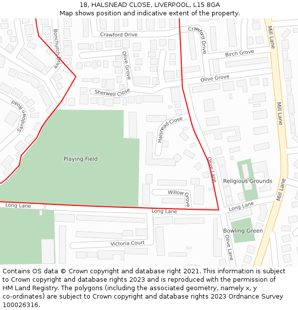 18, HALSNEAD CLOSE, LIVERPOOL, L15 8GA: Location map and indicative extent of plot