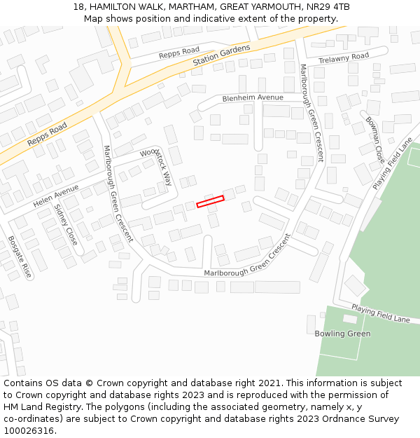 18, HAMILTON WALK, MARTHAM, GREAT YARMOUTH, NR29 4TB: Location map and indicative extent of plot
