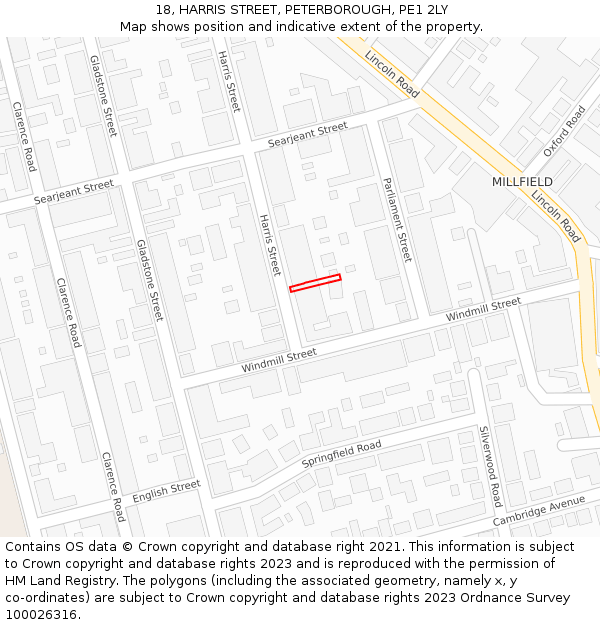 18, HARRIS STREET, PETERBOROUGH, PE1 2LY: Location map and indicative extent of plot