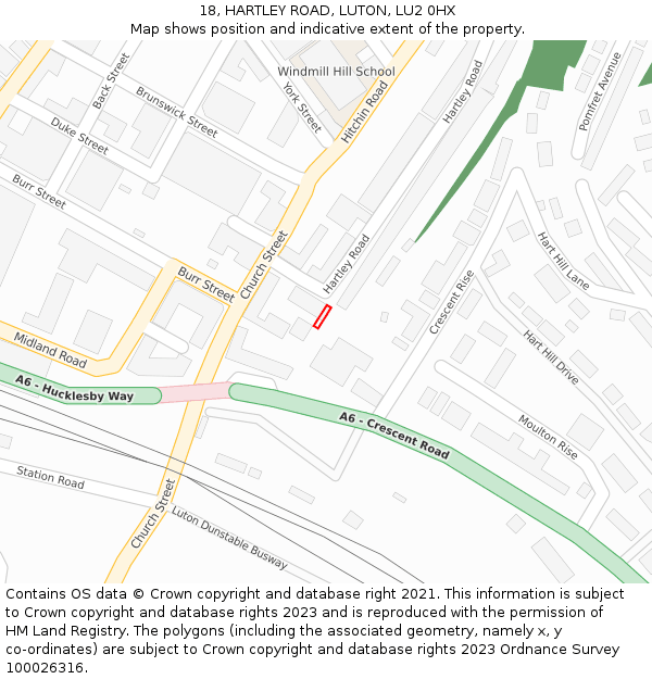 18, HARTLEY ROAD, LUTON, LU2 0HX: Location map and indicative extent of plot