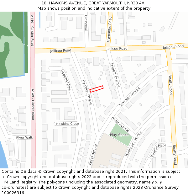 18, HAWKINS AVENUE, GREAT YARMOUTH, NR30 4AH: Location map and indicative extent of plot