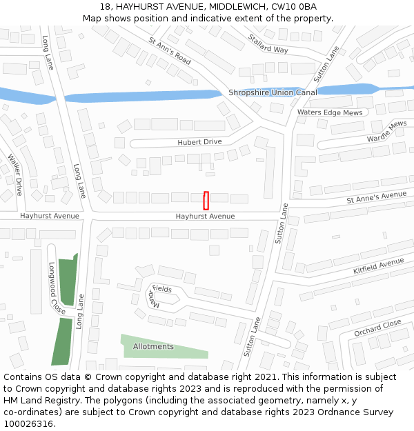 18, HAYHURST AVENUE, MIDDLEWICH, CW10 0BA: Location map and indicative extent of plot