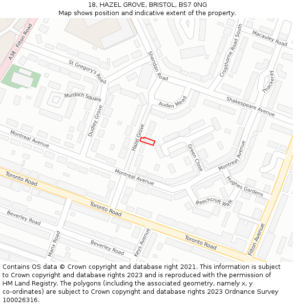 18, HAZEL GROVE, BRISTOL, BS7 0NG: Location map and indicative extent of plot