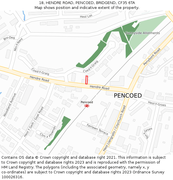 18, HENDRE ROAD, PENCOED, BRIDGEND, CF35 6TA: Location map and indicative extent of plot