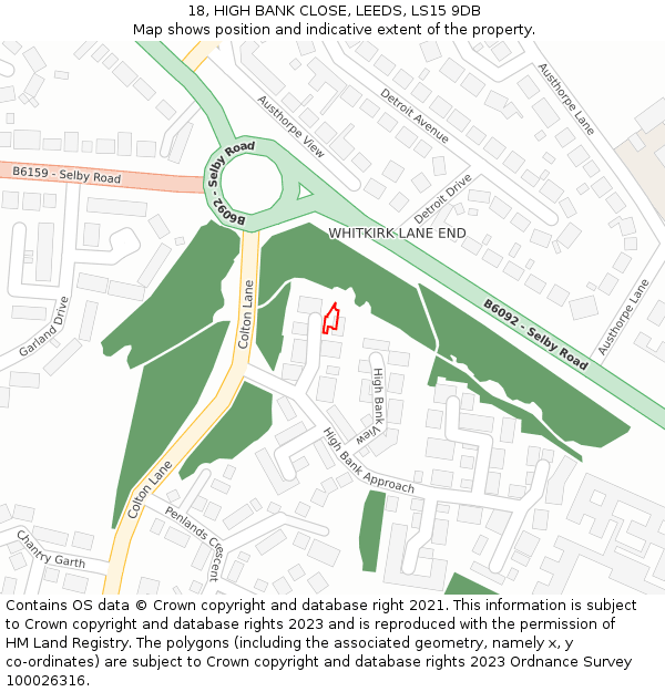 18, HIGH BANK CLOSE, LEEDS, LS15 9DB: Location map and indicative extent of plot