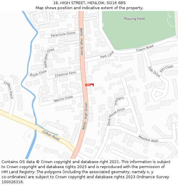 18, HIGH STREET, HENLOW, SG16 6BS: Location map and indicative extent of plot
