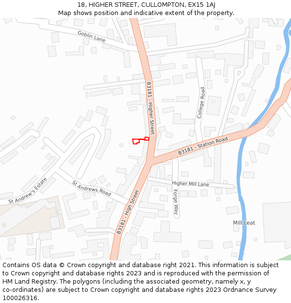 18, HIGHER STREET, CULLOMPTON, EX15 1AJ: Location map and indicative extent of plot