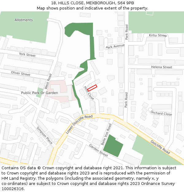 18, HILLS CLOSE, MEXBOROUGH, S64 9PB: Location map and indicative extent of plot