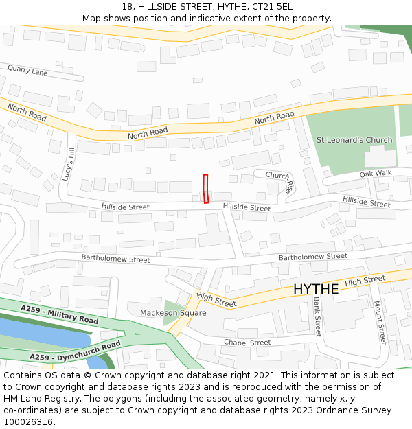 18, HILLSIDE STREET, HYTHE, CT21 5EL: Location map and indicative extent of plot