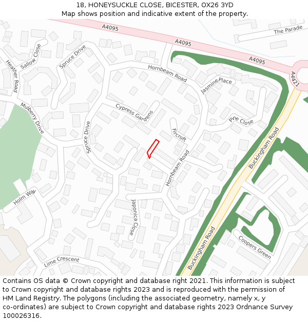 18, HONEYSUCKLE CLOSE, BICESTER, OX26 3YD: Location map and indicative extent of plot