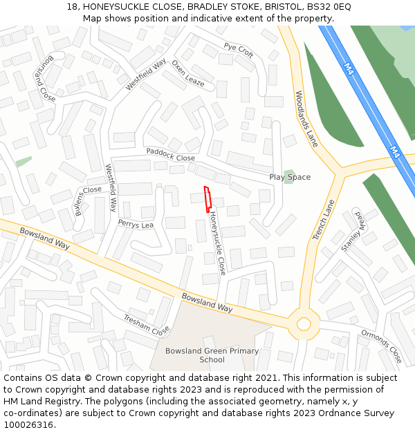 18, HONEYSUCKLE CLOSE, BRADLEY STOKE, BRISTOL, BS32 0EQ: Location map and indicative extent of plot