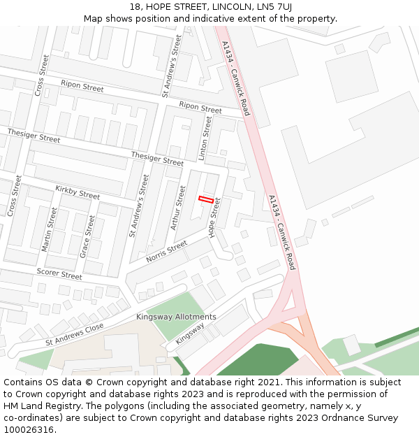 18, HOPE STREET, LINCOLN, LN5 7UJ: Location map and indicative extent of plot