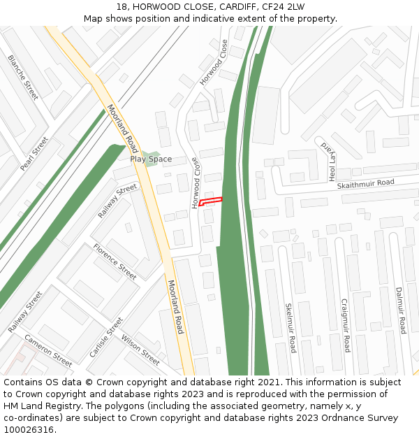 18, HORWOOD CLOSE, CARDIFF, CF24 2LW: Location map and indicative extent of plot