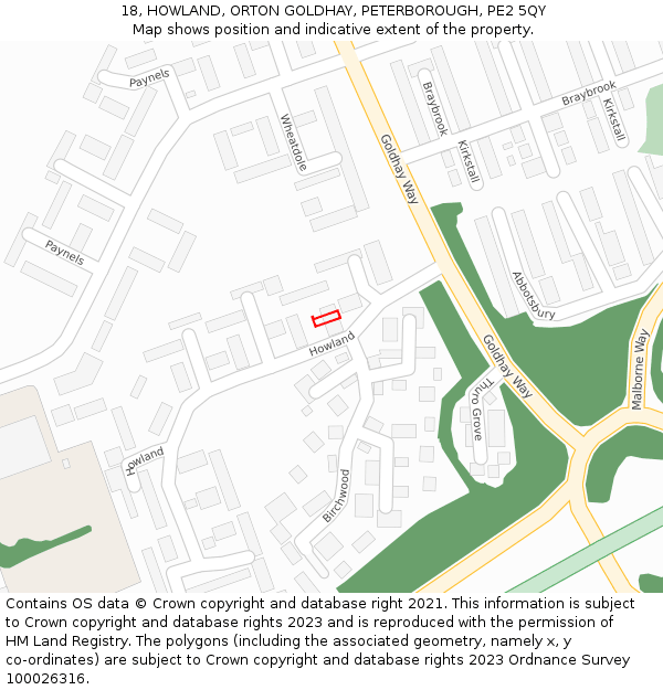 18, HOWLAND, ORTON GOLDHAY, PETERBOROUGH, PE2 5QY: Location map and indicative extent of plot