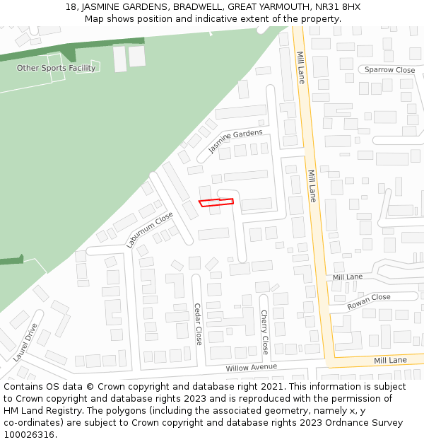 18, JASMINE GARDENS, BRADWELL, GREAT YARMOUTH, NR31 8HX: Location map and indicative extent of plot