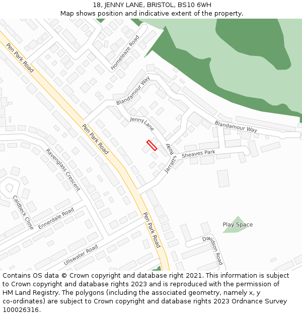 18, JENNY LANE, BRISTOL, BS10 6WH: Location map and indicative extent of plot