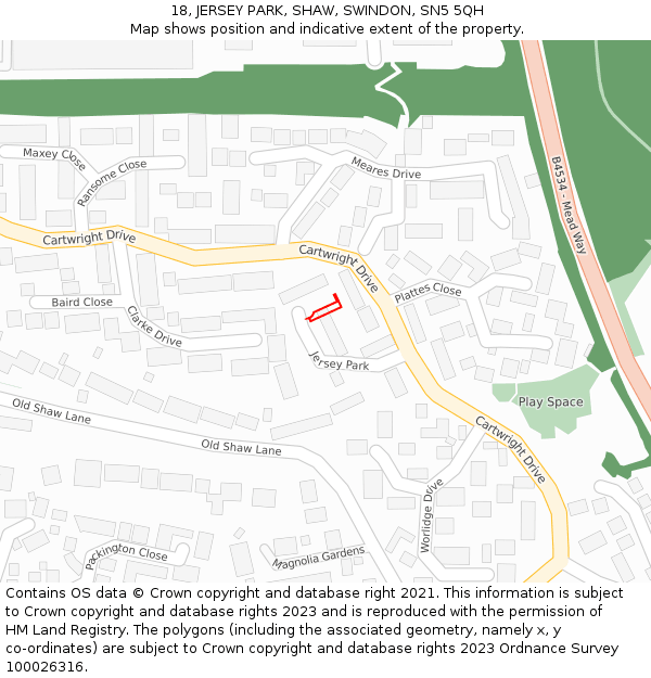 18, JERSEY PARK, SHAW, SWINDON, SN5 5QH: Location map and indicative extent of plot