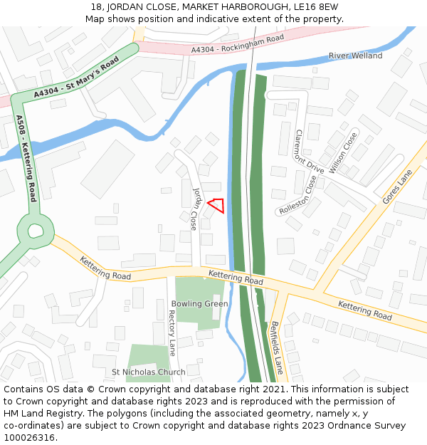 18, JORDAN CLOSE, MARKET HARBOROUGH, LE16 8EW: Location map and indicative extent of plot