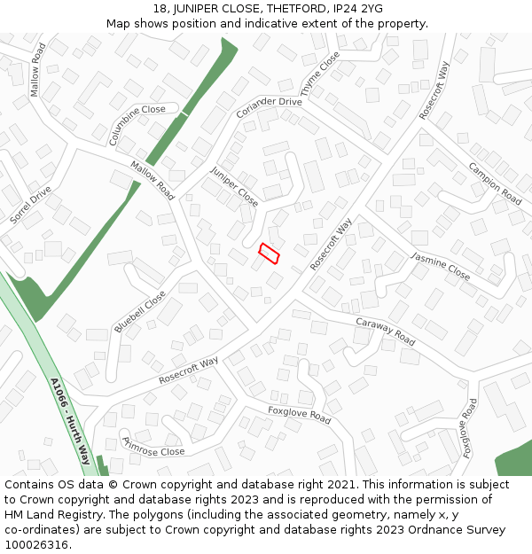18, JUNIPER CLOSE, THETFORD, IP24 2YG: Location map and indicative extent of plot