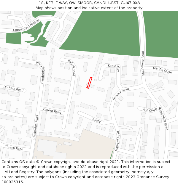 18, KEBLE WAY, OWLSMOOR, SANDHURST, GU47 0XA: Location map and indicative extent of plot