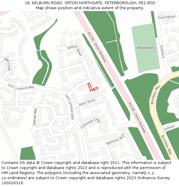 18, KELBURN ROAD, ORTON NORTHGATE, PETERBOROUGH, PE2 6DD: Location map and indicative extent of plot
