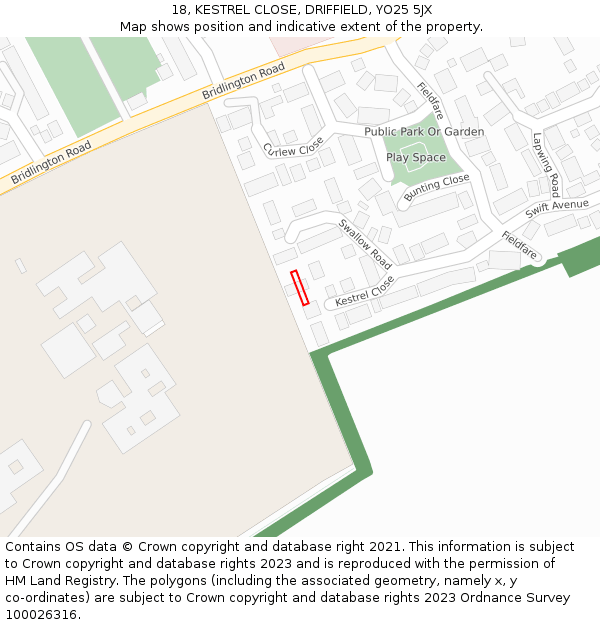 18, KESTREL CLOSE, DRIFFIELD, YO25 5JX: Location map and indicative extent of plot