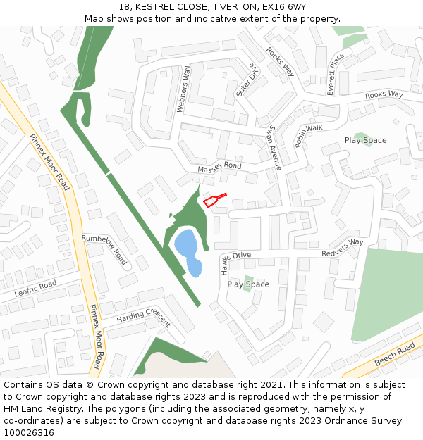 18, KESTREL CLOSE, TIVERTON, EX16 6WY: Location map and indicative extent of plot