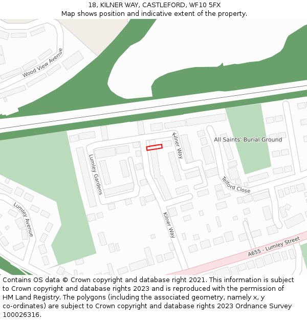 18, KILNER WAY, CASTLEFORD, WF10 5FX: Location map and indicative extent of plot