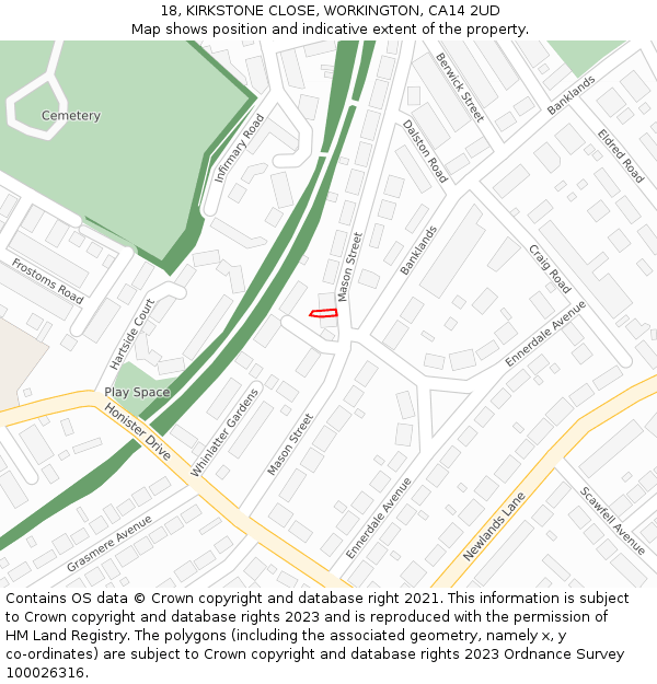 18, KIRKSTONE CLOSE, WORKINGTON, CA14 2UD: Location map and indicative extent of plot