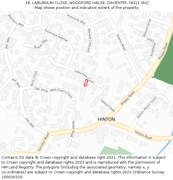 18, LABURNUM CLOSE, WOODFORD HALSE, DAVENTRY, NN11 3NZ: Location map and indicative extent of plot