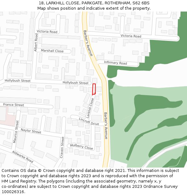 18, LARKHILL CLOSE, PARKGATE, ROTHERHAM, S62 6BS: Location map and indicative extent of plot