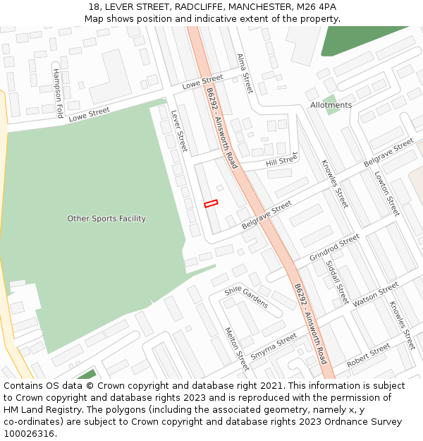 18, LEVER STREET, RADCLIFFE, MANCHESTER, M26 4PA: Location map and indicative extent of plot