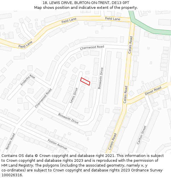 18, LEWIS DRIVE, BURTON-ON-TRENT, DE13 0PT: Location map and indicative extent of plot