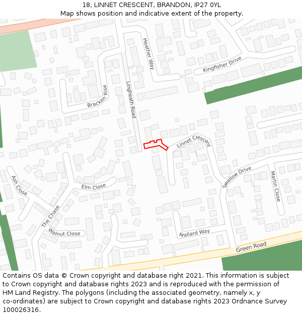 18, LINNET CRESCENT, BRANDON, IP27 0YL: Location map and indicative extent of plot