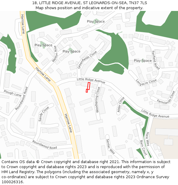 18, LITTLE RIDGE AVENUE, ST LEONARDS-ON-SEA, TN37 7LS: Location map and indicative extent of plot