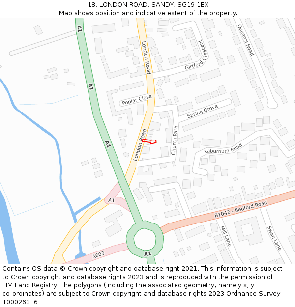 18, LONDON ROAD, SANDY, SG19 1EX: Location map and indicative extent of plot