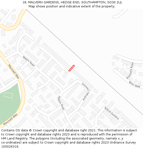 18, MALVERN GARDENS, HEDGE END, SOUTHAMPTON, SO30 2UJ: Location map and indicative extent of plot