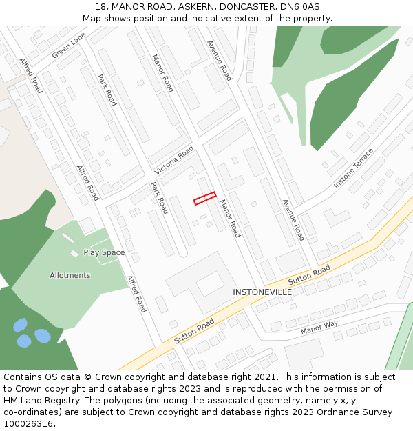 18, MANOR ROAD, ASKERN, DONCASTER, DN6 0AS: Location map and indicative extent of plot