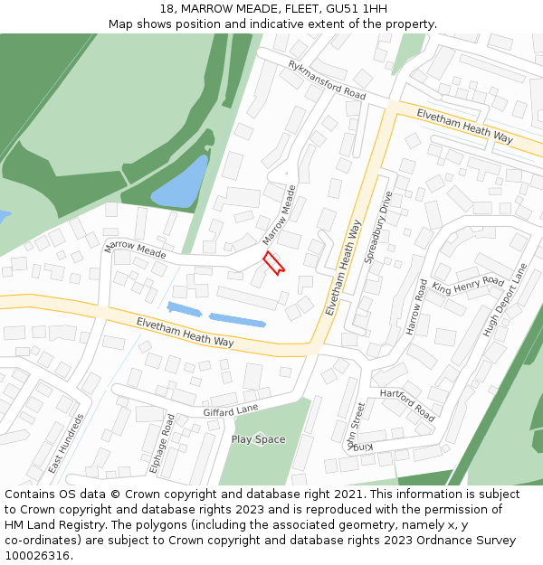 18, MARROW MEADE, FLEET, GU51 1HH: Location map and indicative extent of plot